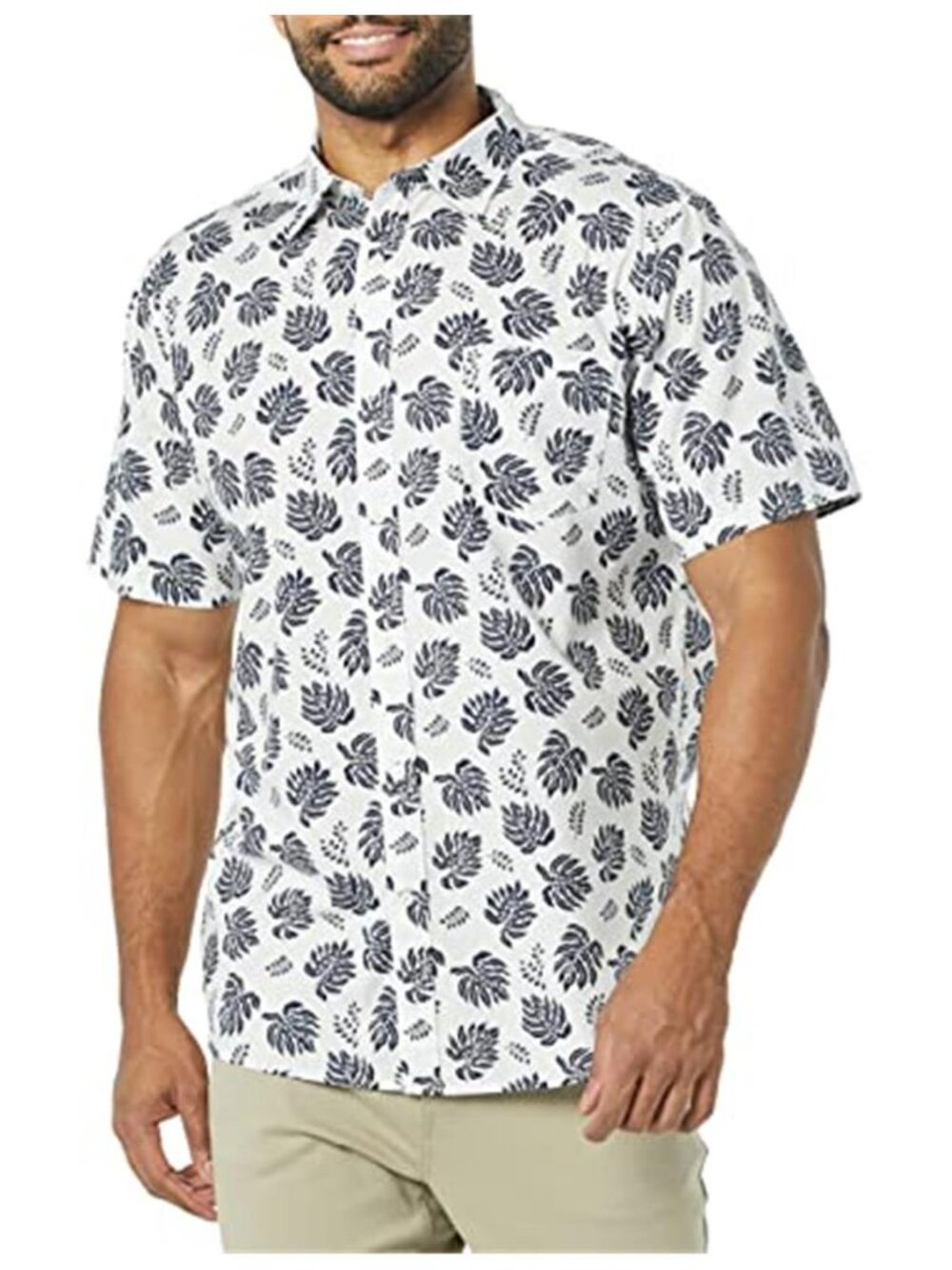 Men Slim Fit Short Sleeve Poplin Shirt White Navy Palm Tree Print Stretch